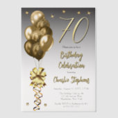 黒エレガントい70歳の誕生日パーティーの金ゴールドバルーン ベラム紙招待状 (正面)