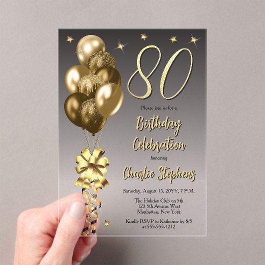 黒エレガントい80歳の誕生日パーティーの金ゴールドバルーン アクリル招待状 (インサイチュ (ポータブル))