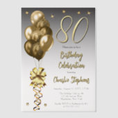 黒エレガントい80歳の誕生日パーティーの金ゴールドバルーン ベラム紙招待状 (正面)