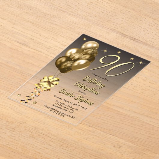 黒エレガントい90歳の誕生日パーティーの金ゴールドバルーン アクリル招待状 (レイダウン)