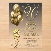 黒エレガントい90歳の誕生日パーティーの金ゴールドバルーン アクリル招待状 (正面)