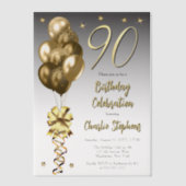 黒エレガントい90歳の誕生日パーティーの金ゴールドバルーン ベラム紙招待状 (正面)