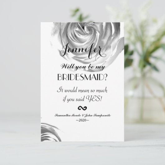 黒エレガントかわいらし白ローズプリント 招待状 (スタンド正面)