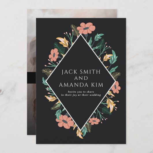 黒エレガントく咲く花結婚式招待状 招待状 (正面/裏面)