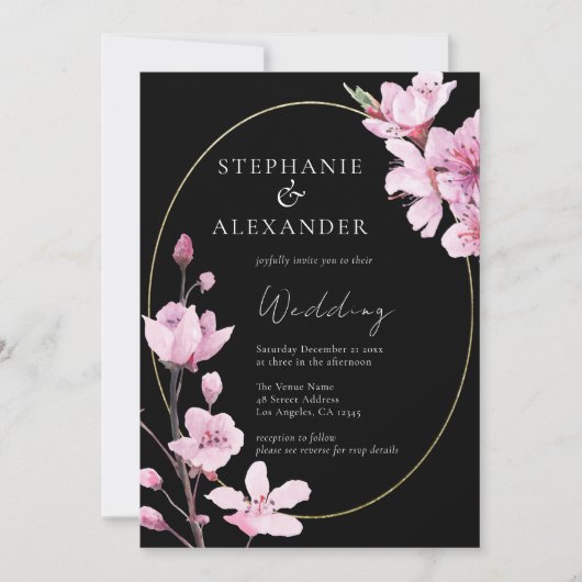 黒エレガントさくらんぼブロッサムQRコード結婚 招待状 (正面)