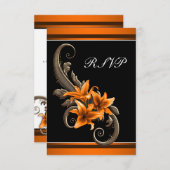 黒エレガントとオレンジのアジアのユリ結婚の 出欠カード (正面/裏面)