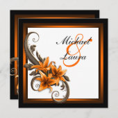 黒エレガントとオレンジのアジアのユリ結婚の 招待状 (正面/裏面)