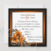 黒エレガントとオレンジのアジアのユリ結婚の 招待状 (裏面)