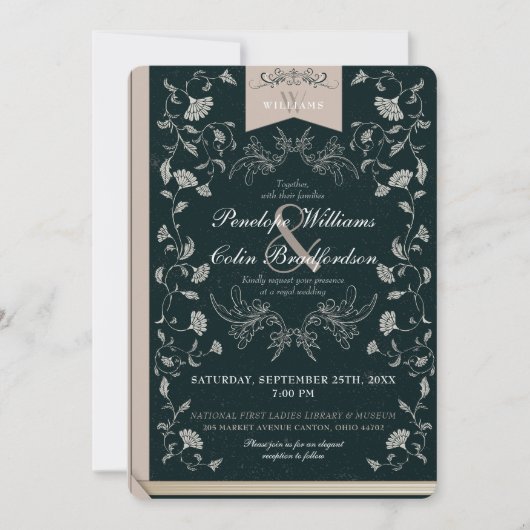 黒エレガントとタンのフローラブックカバー結婚ズ 招待状 (正面)