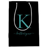 黒エレガントとティール（緑がかった色）のモノグラム名 ミディアムペーパーバッグ (正面)