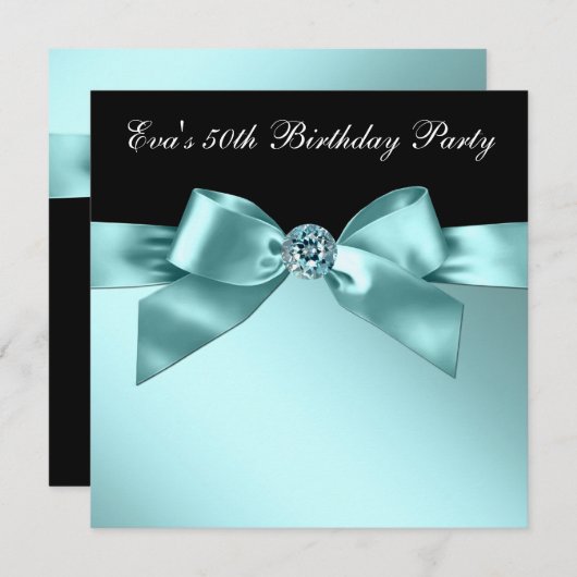 黒エレガントとティール(緑がかった色)ブルー50th誕生日パーティー 招待状 (正面/裏面)