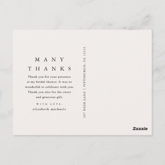 黒エレガントとトープブライダルシャワーありがとう ポストカード (裏面)