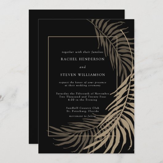 黒エレガントとトープ結婚式招待状 招待状 (正面/裏面)