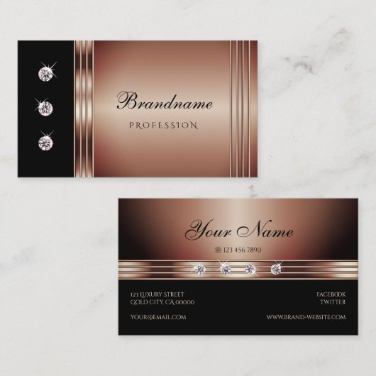 黒エレガントとバラの金ゴールドきらめくダイヤモンド 名刺 (正面/裏面)
