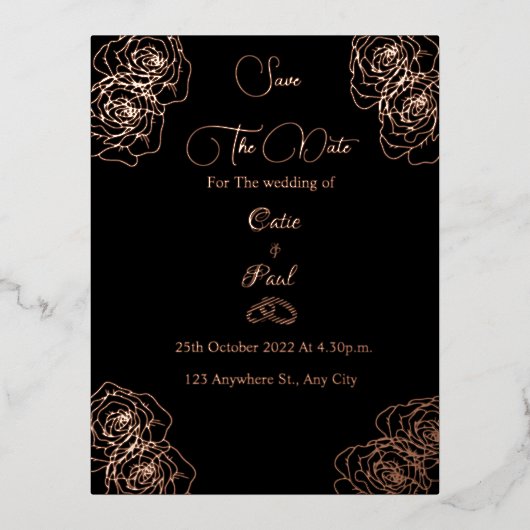黒エレガントとバラの金ゴールド日付を保存 箔招待状ポストカード (正面)