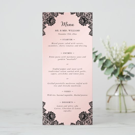 黒エレガントとピンクのフローラレー結婚ス メニュー (スタンド正面)