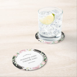 黒エレガントとピンクのフローラ結婚の ラウンドペーパーコースター