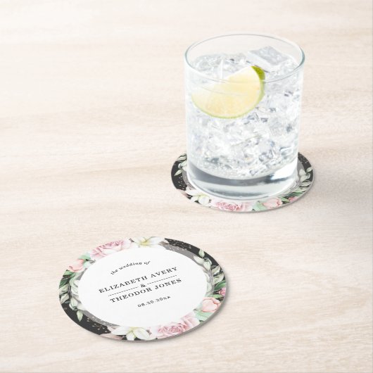 黒エレガントとピンクのフローラ結婚の ラウンドペーパーコースター (インサイチュ)