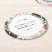 黒エレガントとピンクのフローラ結婚の ラウンドペーパーコースター (アングル)