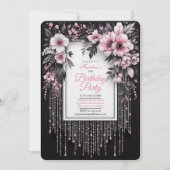 黒エレガントとピンクのフローラ誕生日招待状 招待状 (正面)