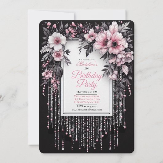 黒エレガントとピンクのフローラ誕生日招待状 招待状 (正面)