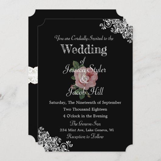 黒エレガントとピンクのヴィンテージバラ結婚 招待状 (正面/裏面)