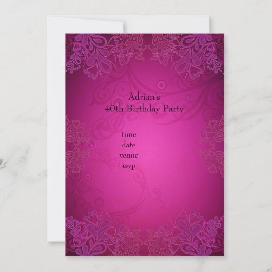 黒エレガントとピンクの素晴らしい40歳の誕生日 招待状 (裏面)