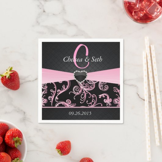 黒エレガントとピンクの花柄 スタンダードカクテルナプキン (インサイチュ)