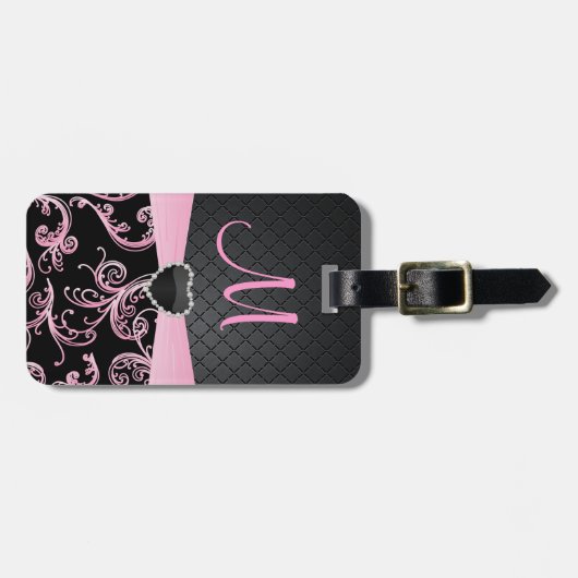 黒エレガントとピンクの花柄 ラゲッジタグ (正面横)