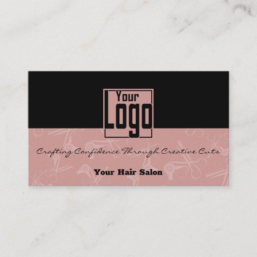 黒エレガントとピンクの髪のサロンロゴQRコード 名刺 (正面)