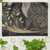 黒エレガントとベージュのウサギ キッチンタオル (折り畳み)