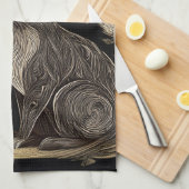 黒エレガントとベージュのウサギ キッチンタオル (四つ折り)