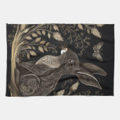 黒エレガントとベージュのウサギ キッチンタオル (横)