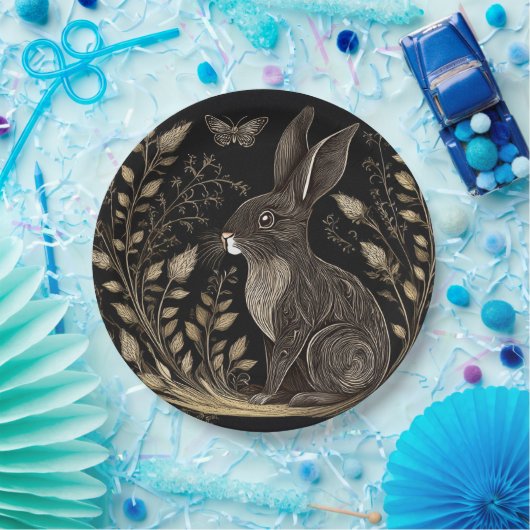 黒エレガントとベージュのウサギ ペーパープレート (パーティー)