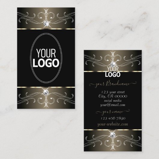 黒エレガントとベージュの華美オーナメント（ロゴ付き） 名刺 (正面/裏面)