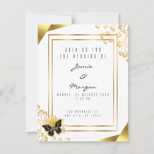 黒エレガントと光沢のある蝶の白結婚の ノートカード (正面)