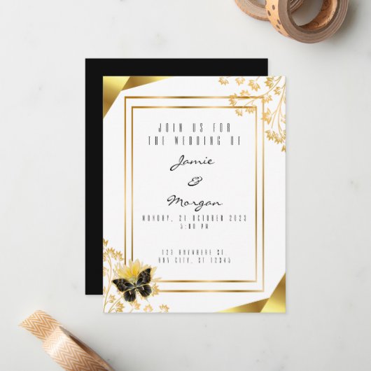 黒エレガントと光沢のある蝶の白結婚の ノートカード (正面/裏面インサイチュ)