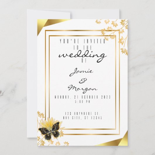 黒エレガントと光沢のある蝶の白結婚の 招待状 (正面)