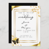 黒エレガントと光沢のある蝶の白結婚の 招待状 (正面/裏面)