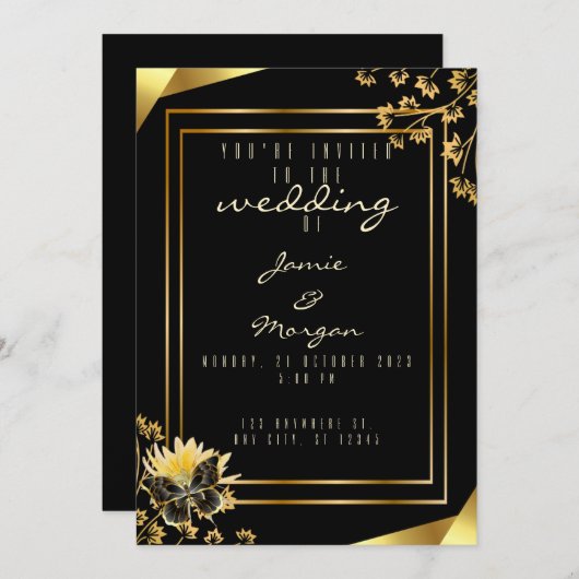 黒エレガントと光沢のある蝶の黒結婚の 招待状 (正面/裏面)