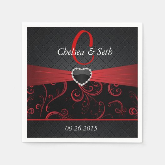 黒エレガントと深い赤の花柄 スタンダードカクテルナプキン (正面)