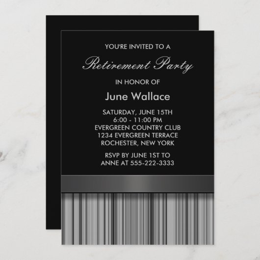 黒エレガントと灰色のストライプ退職パーティー 招待状 (正面/裏面)