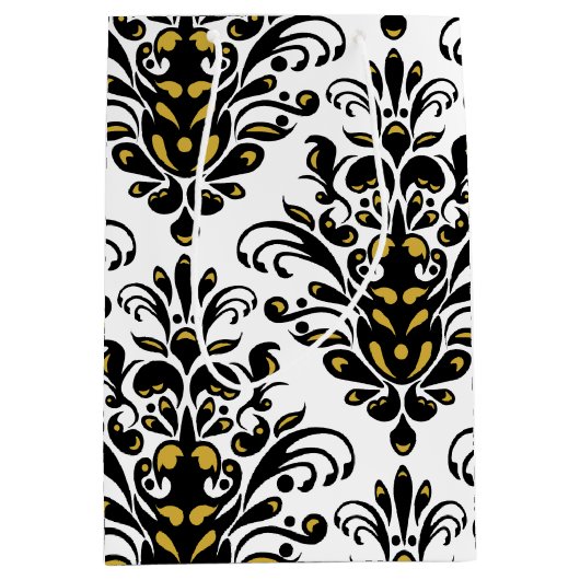 黒エレガントと白と金ゴールドダマスクのtouch ミディアムペーパーバッグ (正面)