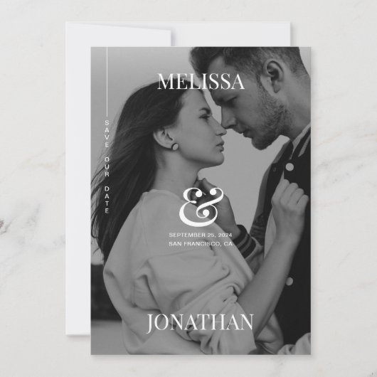 黒エレガントと白のオーバーレイ写真の日付を保存 招待状 (正面)