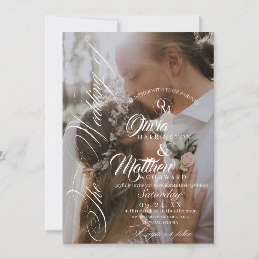 黒エレガントと白のオーバーレイ結婚写真 招待状 (正面)