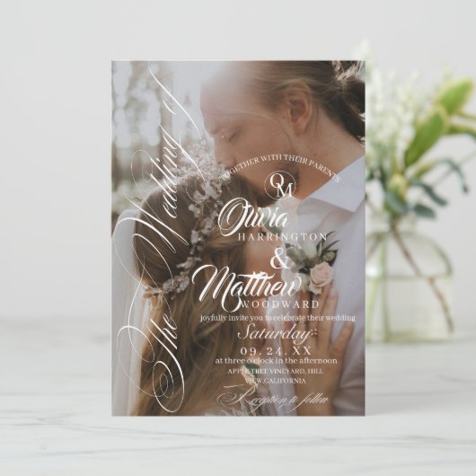 黒エレガントと白のオーバーレイ結婚写真 招待状 (スタンド正面)