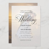 黒エレガントと白のオーバーレイ結婚写真 招待状 (正面/裏面)