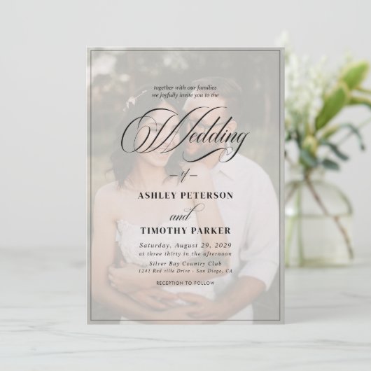 黒エレガントと白のオーバーレイ結婚写真 招待状 (スタンド正面)