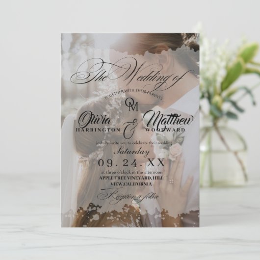 黒エレガントと白のオーバーレイ2フォト結婚ズ 招待状 (スタンド正面)