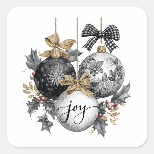 黒エレガントと白のクリスマス装飾品シール スクエアシール (正面)